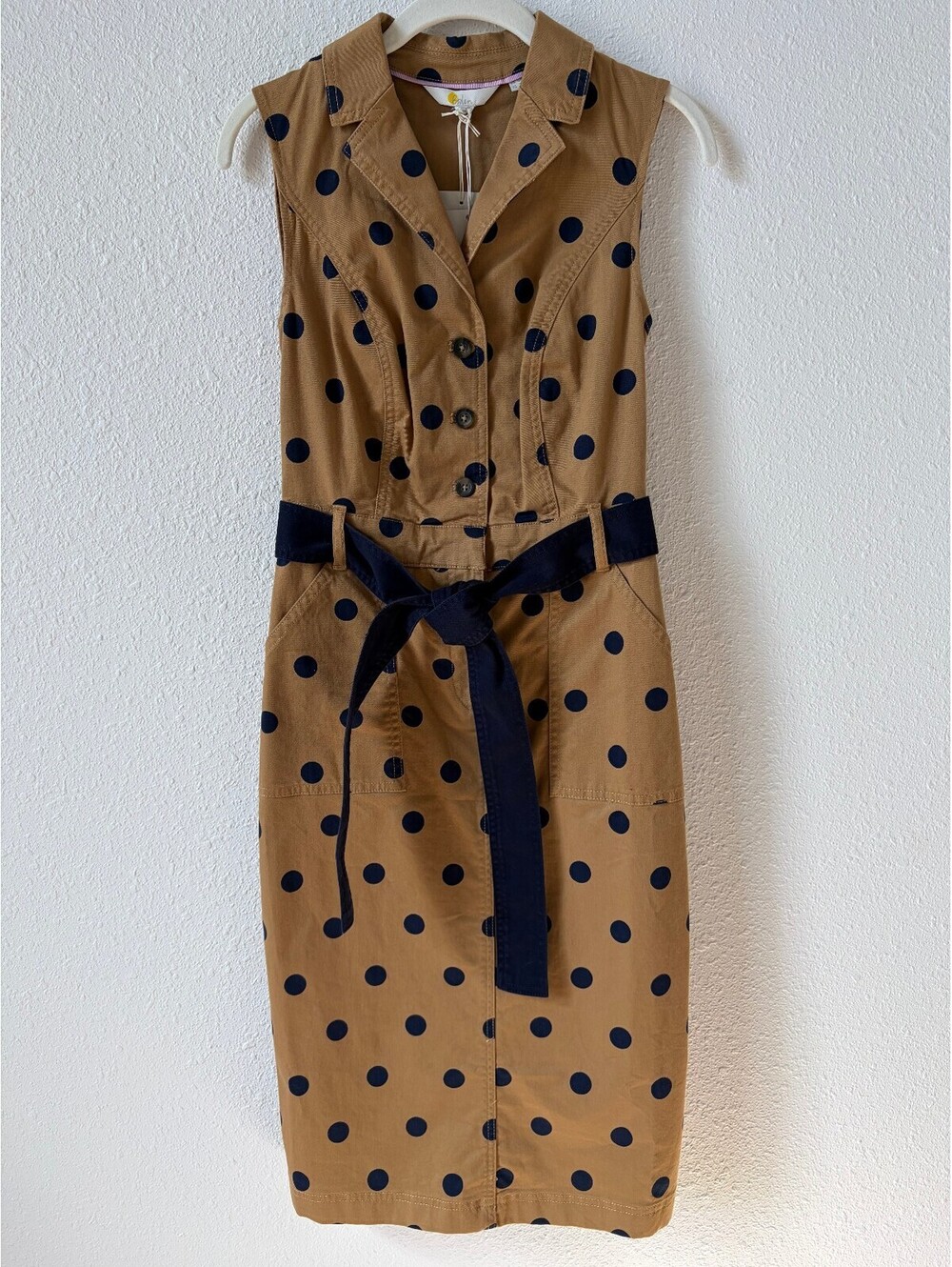 Boden Edith Dress Camel Navy Polka Dot Size 2 Preppy Coastal Neutral Sheath